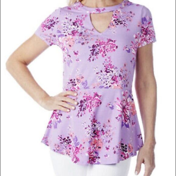 Isaac Mizrahi Live! Keyhole Floral Printed Knit Peplum Top - Picture 1 of 5